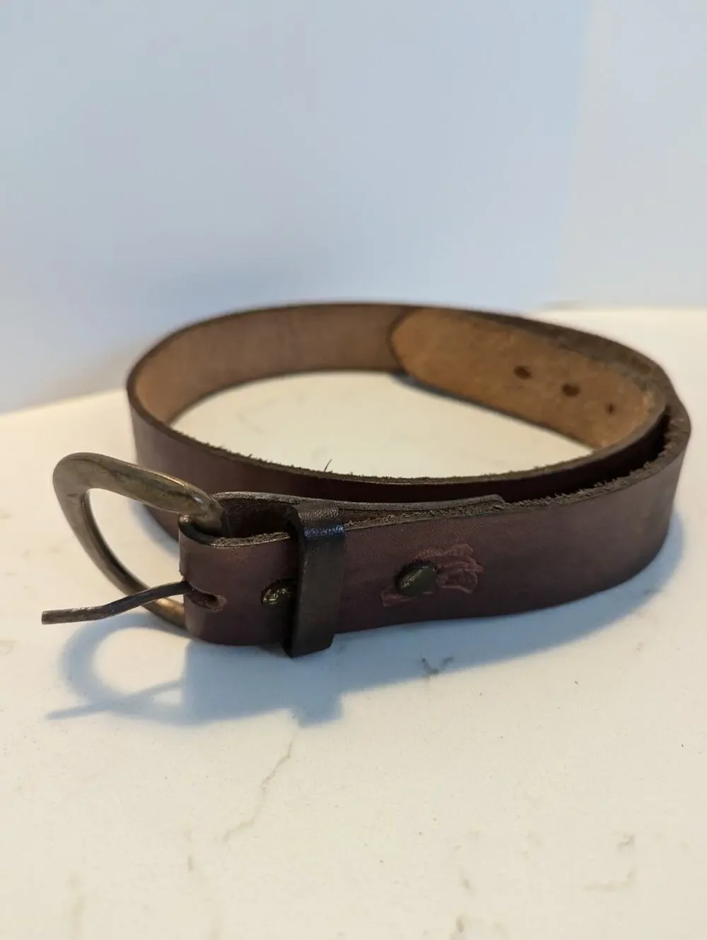 Men's Brown Leather Belt 36 Solid Brass Buckle Fish Embossed